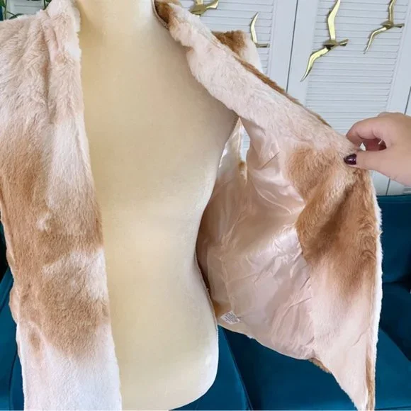 EntroCow Print Fuzzy Layering Vest With Pockets Camel Tan Cream New Small